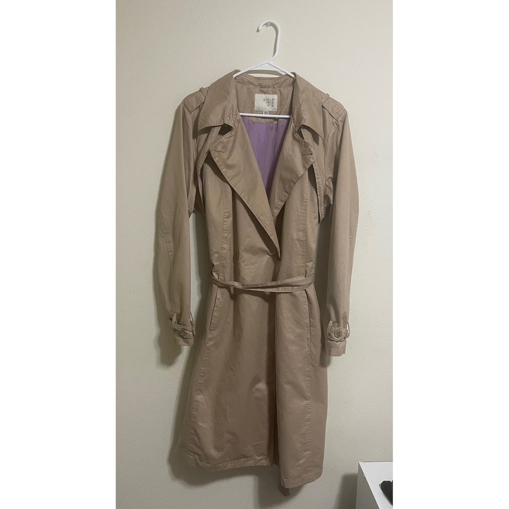 A‎ New Day Tan Khaki Trench Coat XXL Double Breasted Belted Lavender Lining